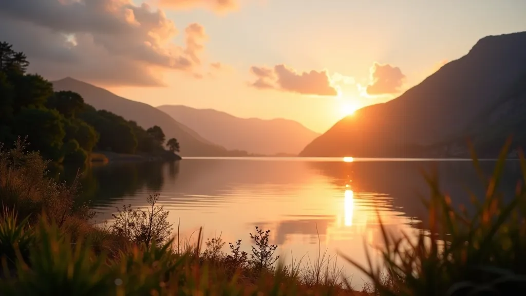 Serene Irish lakeside with mountains reflecting in calm water at golden hour
