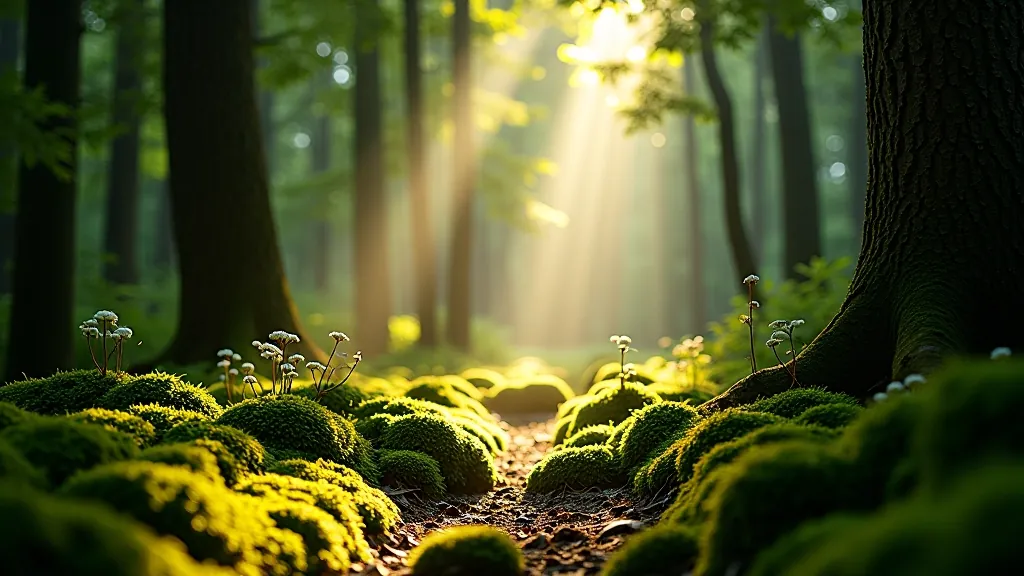Sunlight filtering through forest canopy creating dappled light on forest floor with moss and ferns