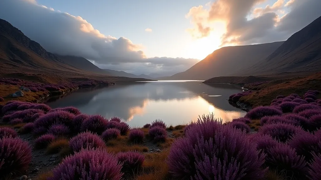 Mountain lake surrounded by purple heather and rocky slopes, Connemara landscape in late afternoon light with reflections in still water