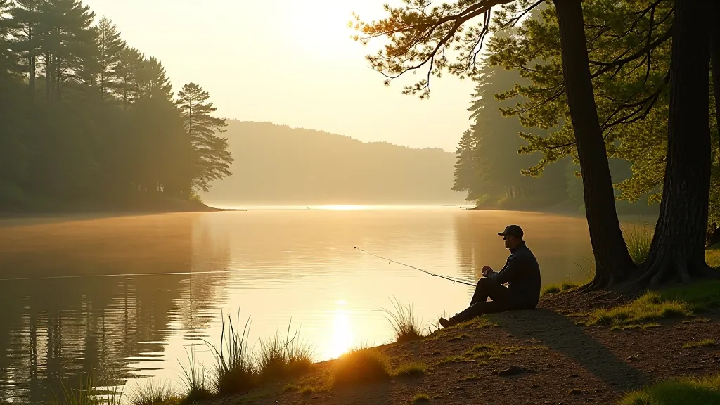 Tranquil lake surrounded by tall trees, fisherman sitting at water's edge, late afternoon golden light reflecting on calm surface