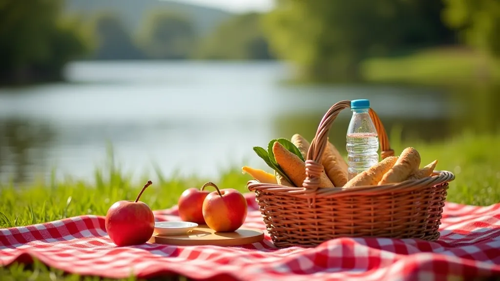 Picnic basket with sandwiches and drinks on a wooden blanket beside a peaceful lake in Ireland
