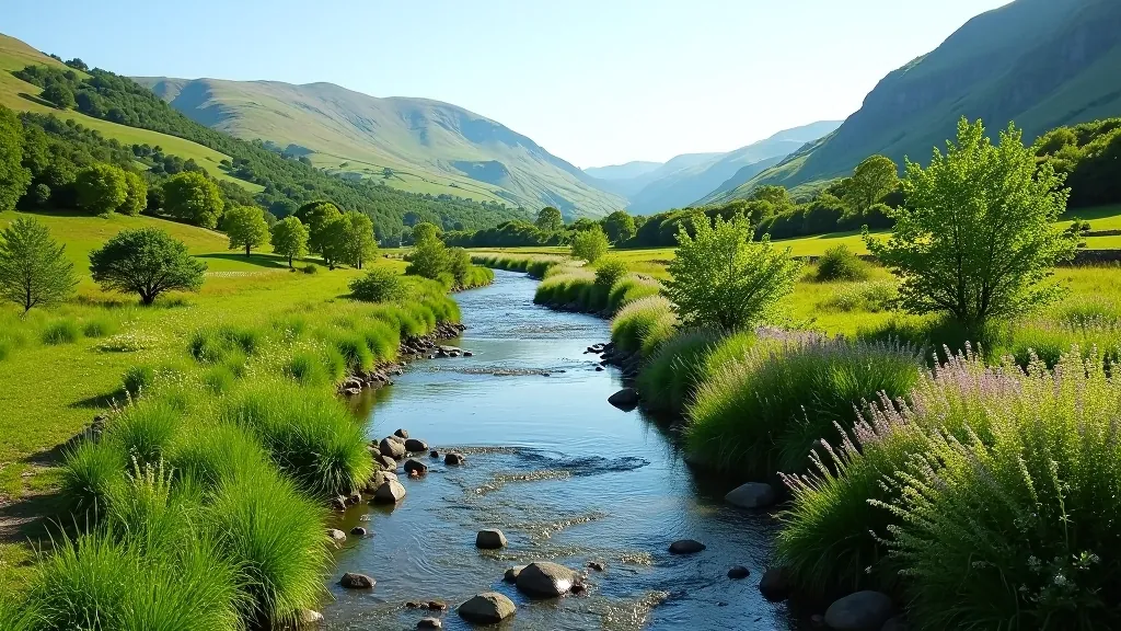 Shannon river flowing through green valley with wildflowers blooming along the scenic riverside path