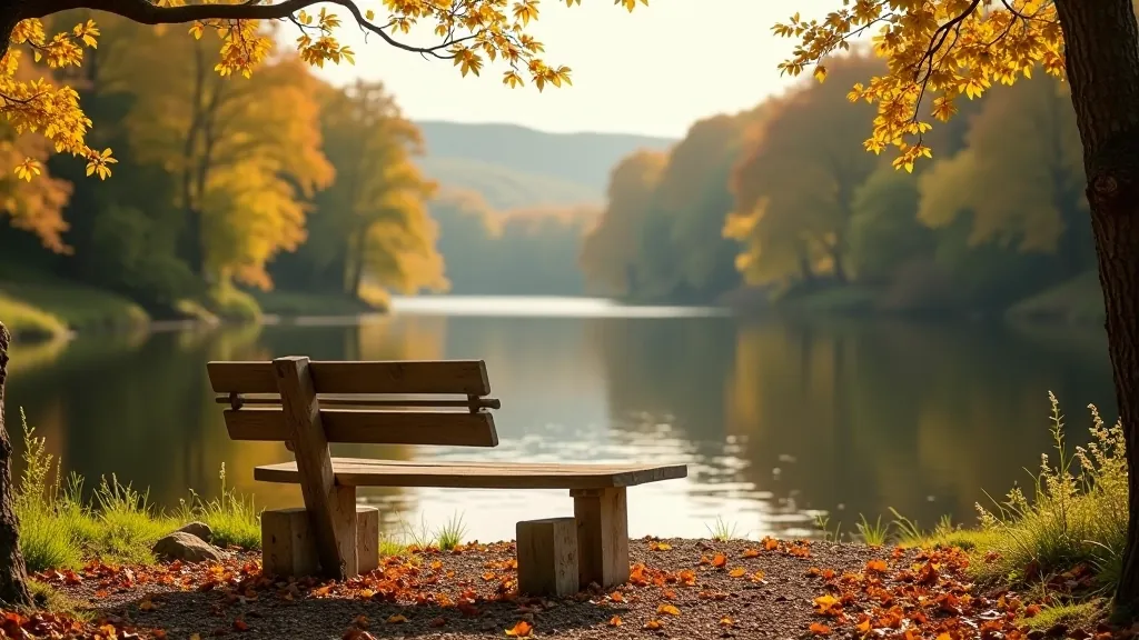 Wooden bench overlooking Shannon river with autumn trees and calm water reflecting sky